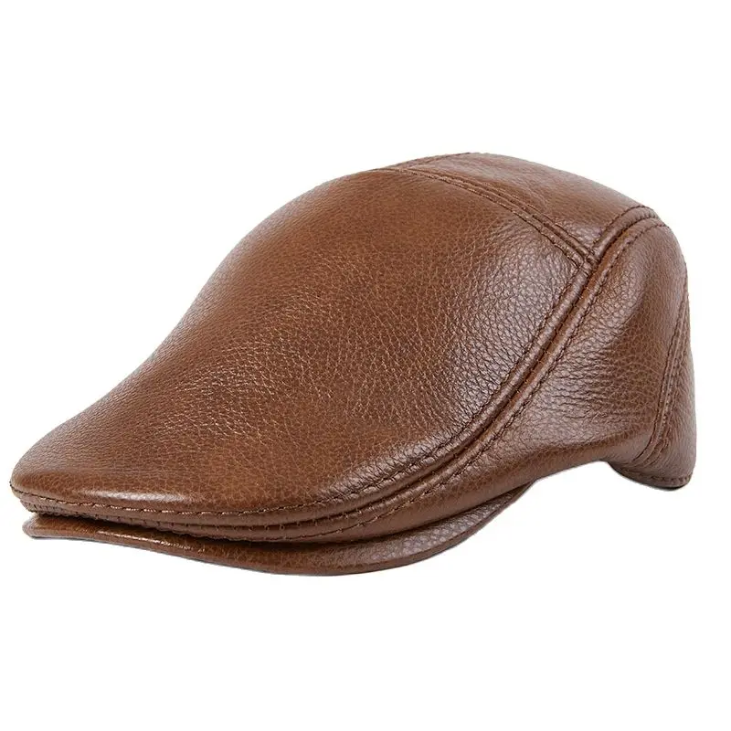 

Fashion British Beret Men Genuine Leather Flat Cap Brown Male Earflaps Vintage Ivy Hats Autumn Luxury Directors Caps Gatsby