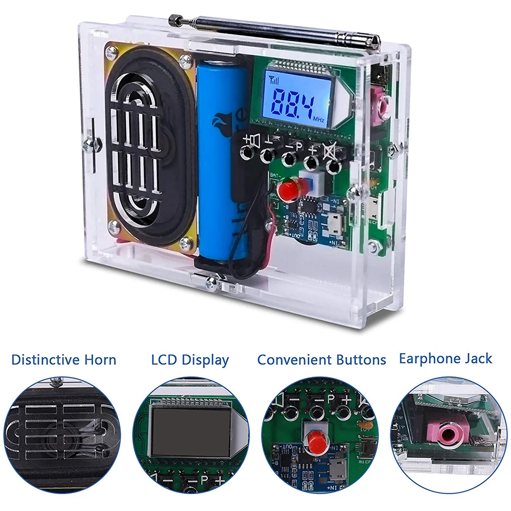 Kit electrónico de bricolaje, módulo receptor de Radio FM 76-108MHz, Kit de altavoz de Radio, modificación de frecuencia, LCDDisplay, práctica de