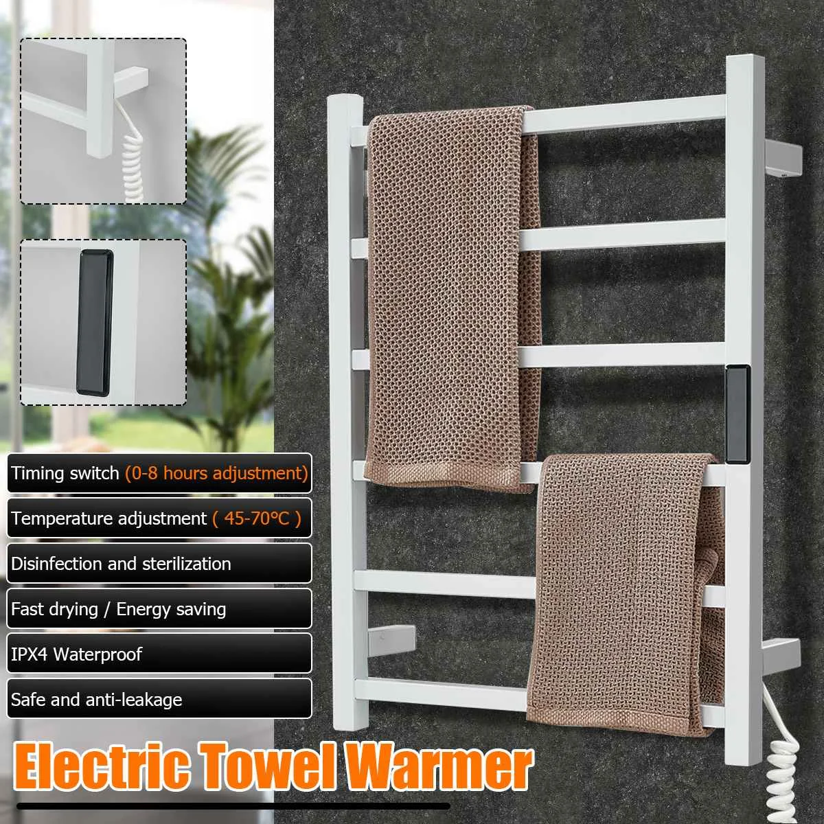 Scaldasalviette da bagno portasciugamani elettrico 45 ° ~ 70 acciaio inossidabile controllo della temperatura e del tempo portasciugamani riscaldato a casa intelligente 80W IPX5