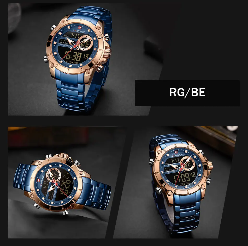 NAVIFORCE 9163 Luxus Original Sport Armbanduhr Für Männer Quarz Stahl Wasserdicht Dual Display Militär Uhren Relogio Masculino – Detail 14