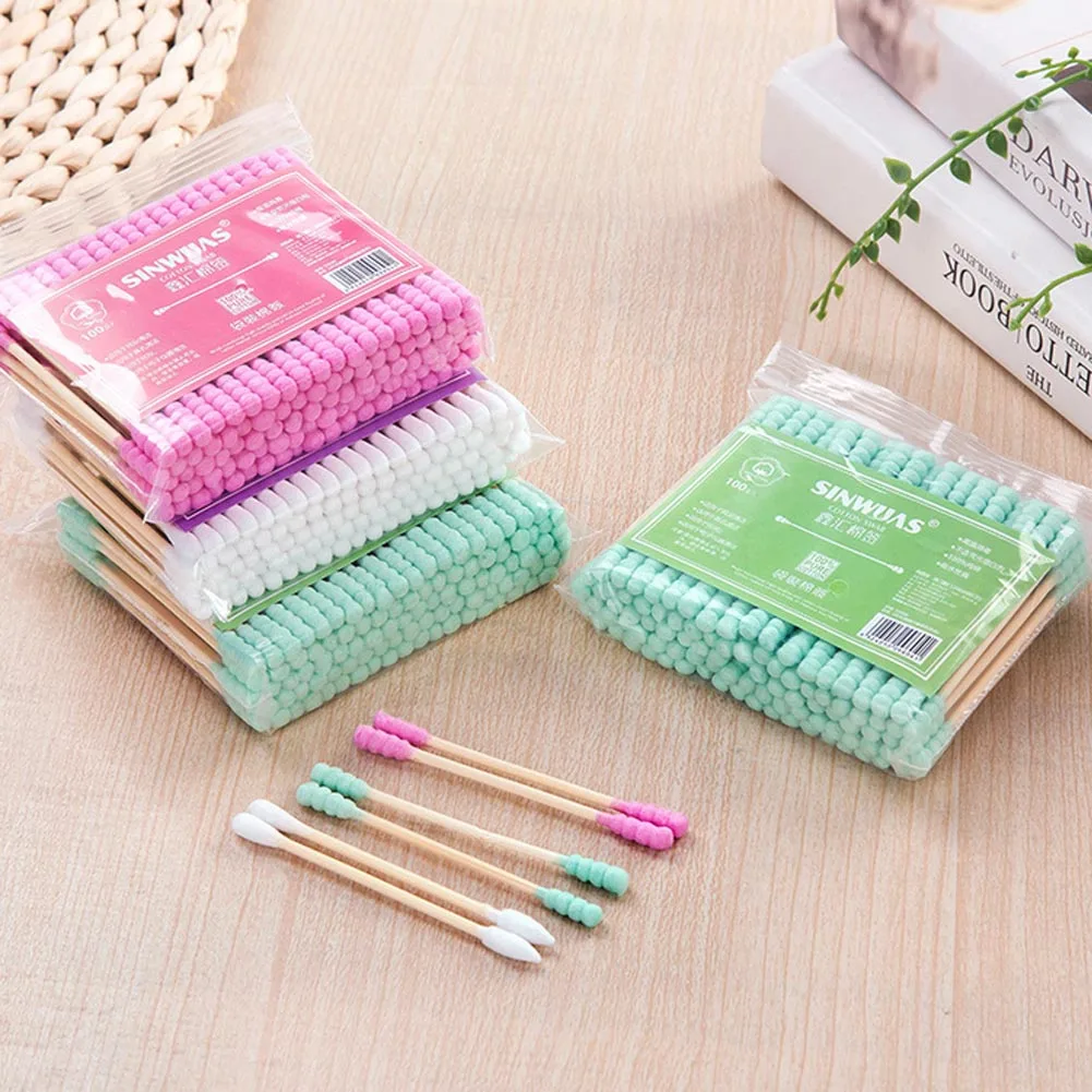 100 Pcs/set Double-head Cotton Swabs Lipstick Applicator Swabs Remover Sticks Ear Clean Wooden Sticks Cotton Swab Makeup Tools