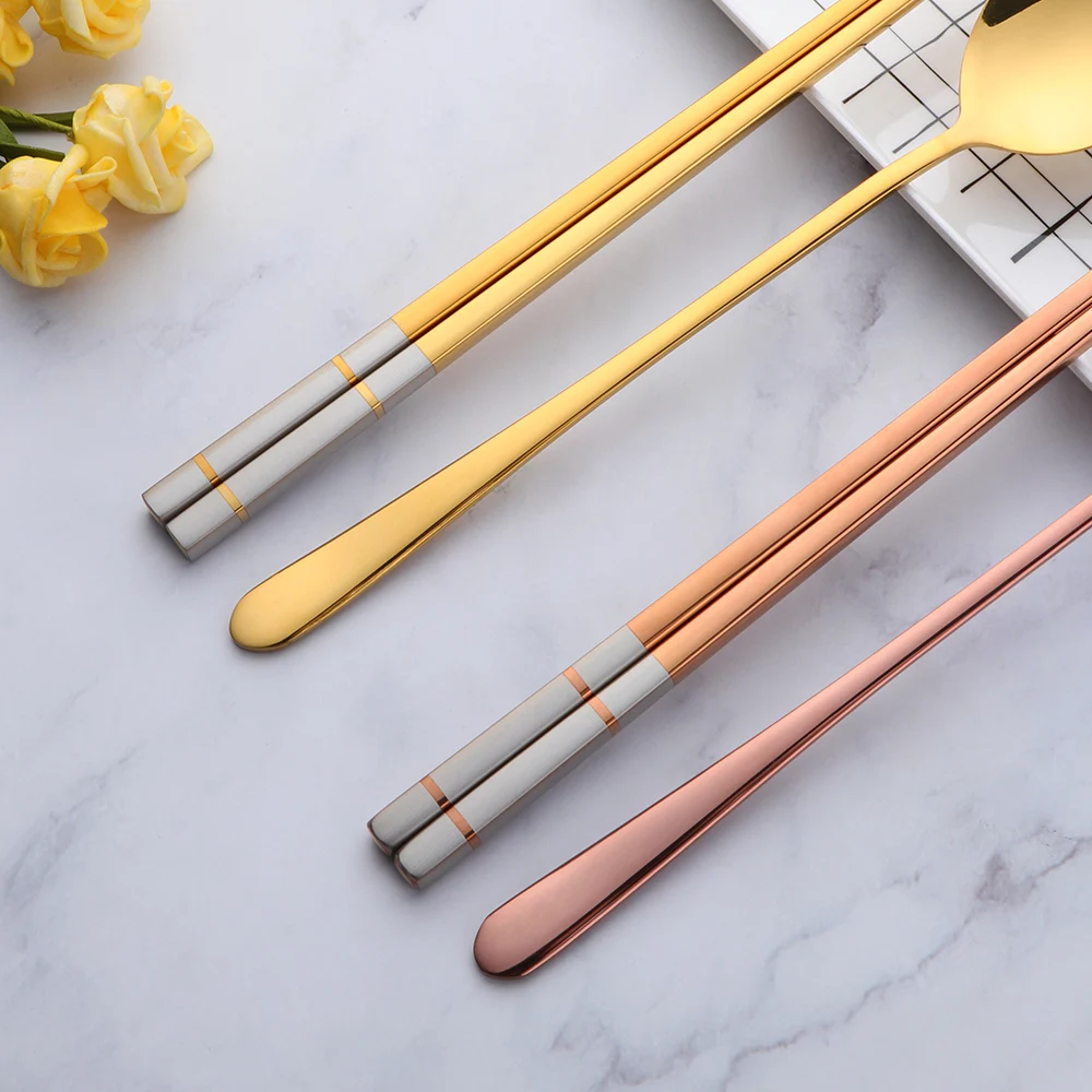 1Pair Korean Chopsticks Spoon Set Stainless Steel Adult Cutlery Sushi Non-slip Chop Sticks Food Spoon Kit Tools Box&Bag