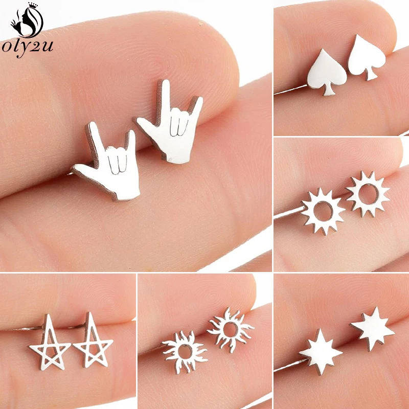 

2024 New Geometric Gestures Earring for Women Black Stainless Steel Star Heart Gear Sun Totem Stud Earrings Girls Party Jewelry