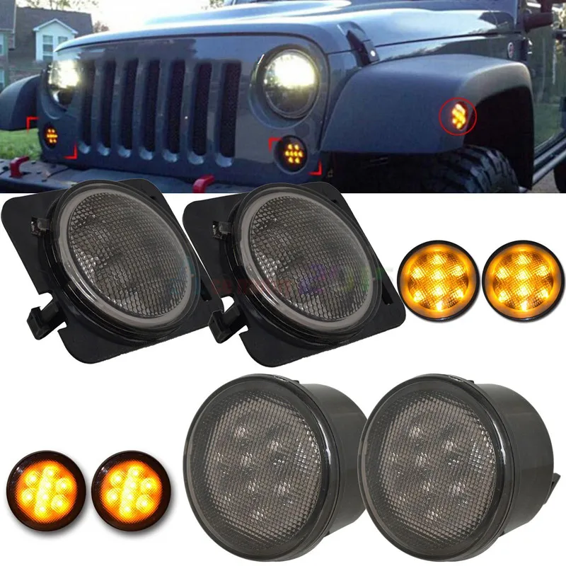 Przedni kierunkowskaz LED z białą soczewką Halo Smoke dla 2007 do 2011 2012 2013 2014 2015 2016 2017 Jeep Wrangler JK