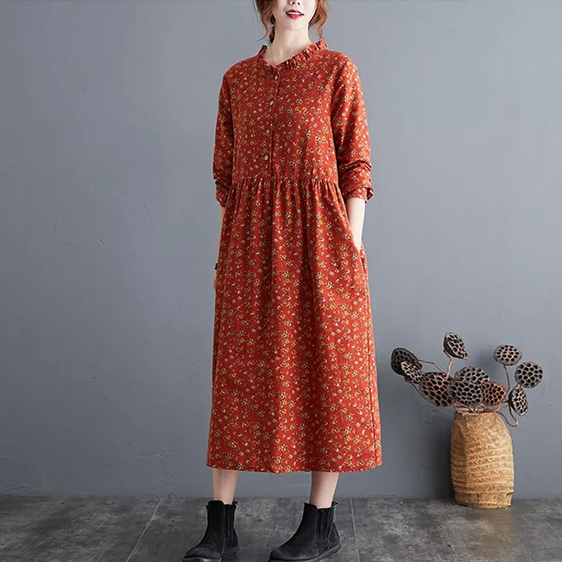 Women Cotton Linen Casual Long Dress New 2020 Autumn Vintage Floral Print Stand Collar Ladies Elegant A-line Dresses S2115