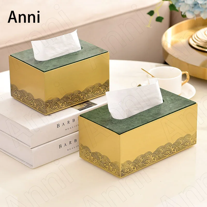 New Chinese Marble Brass Tissue Boxes Creativity Light Luxury Xiangyun Texture Paper Towel Storage Box Living Room Decoration