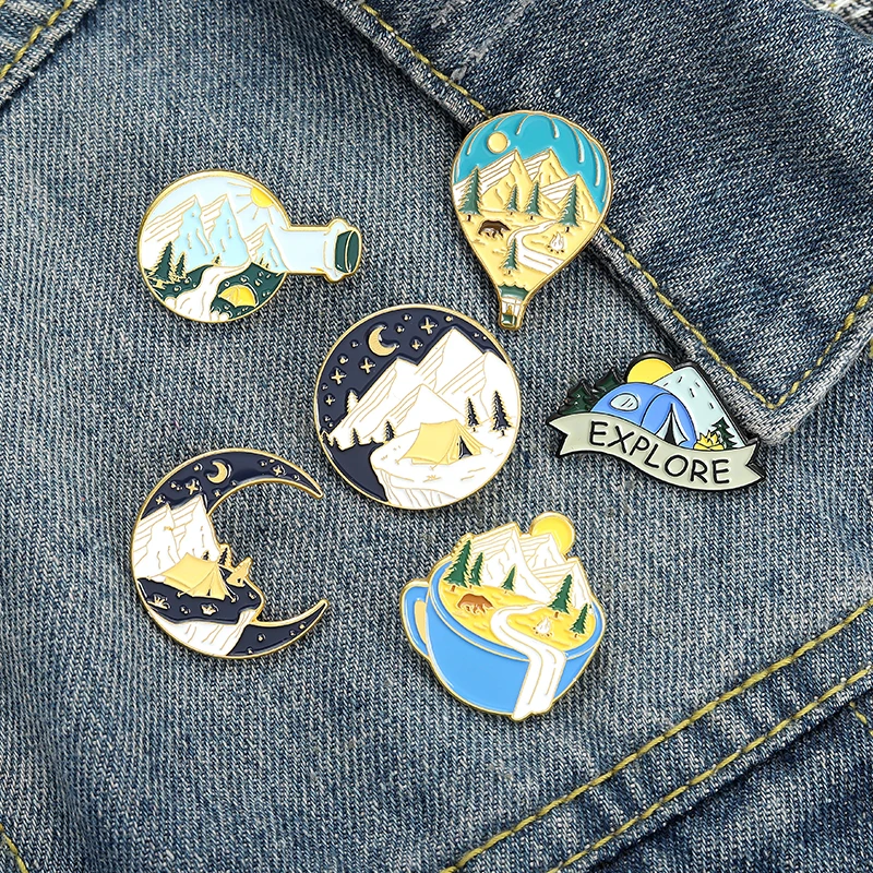 Custom Drift Bottle Hot Air Balloon Mountains Enamel Pin Adventure Badges Forest Highway Brooches Gift Hikers Traveler Wholesale