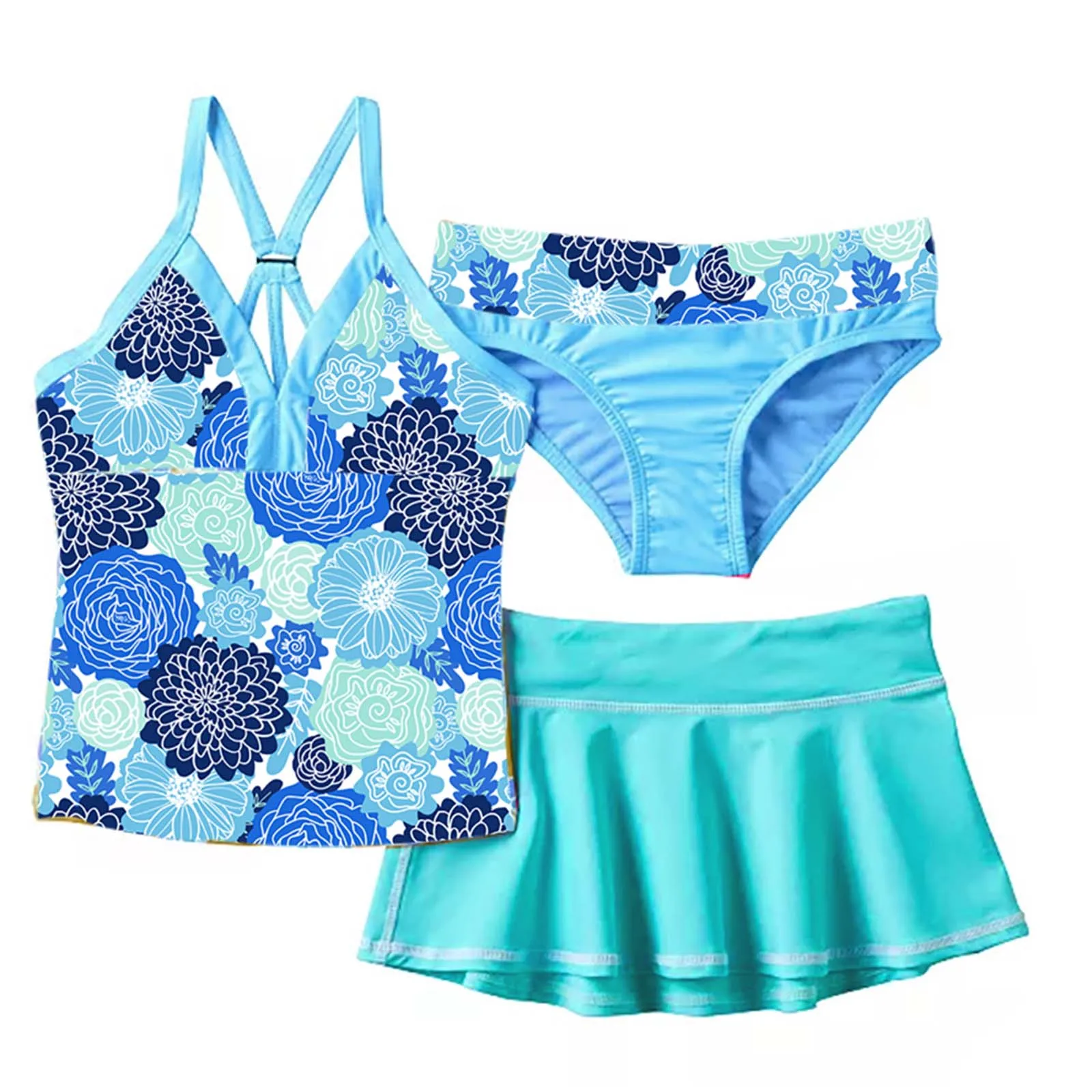 TiaoBug Summer 3Pcs Kid Girls Floral Print Swimsuit V Neck Straps Sleeveless Top With Skirt And Briefs Set Beach Pool Swimwear