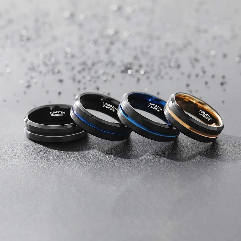 TIGRADE 8mm Men Black Tungsten Carbide Ring Thin Blue Line Wedding Band Vintage Men Jewelry Anime Anel Masculino Aneis Size 6-15