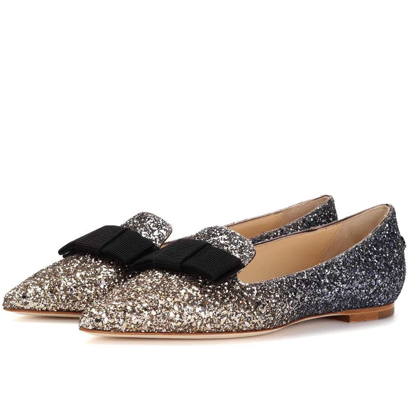 Gradient Glitter Sequins With Bowtie Loafers Bling Bling Pointed Toe Flats Shoes Female Paillette Spring Street All Match Shoes