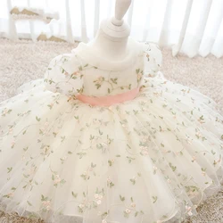 Vestido de princesa con bordado de flores para bebé, disfraz de primer año, fiesta de cumpleaños, blanco