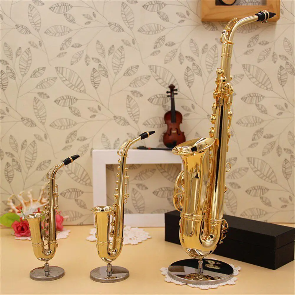 Mini Saxophone Model Musical Instruments Copper Display Sax Gold Color Pocket Sax Alto With Metal Stand for Home Decoration