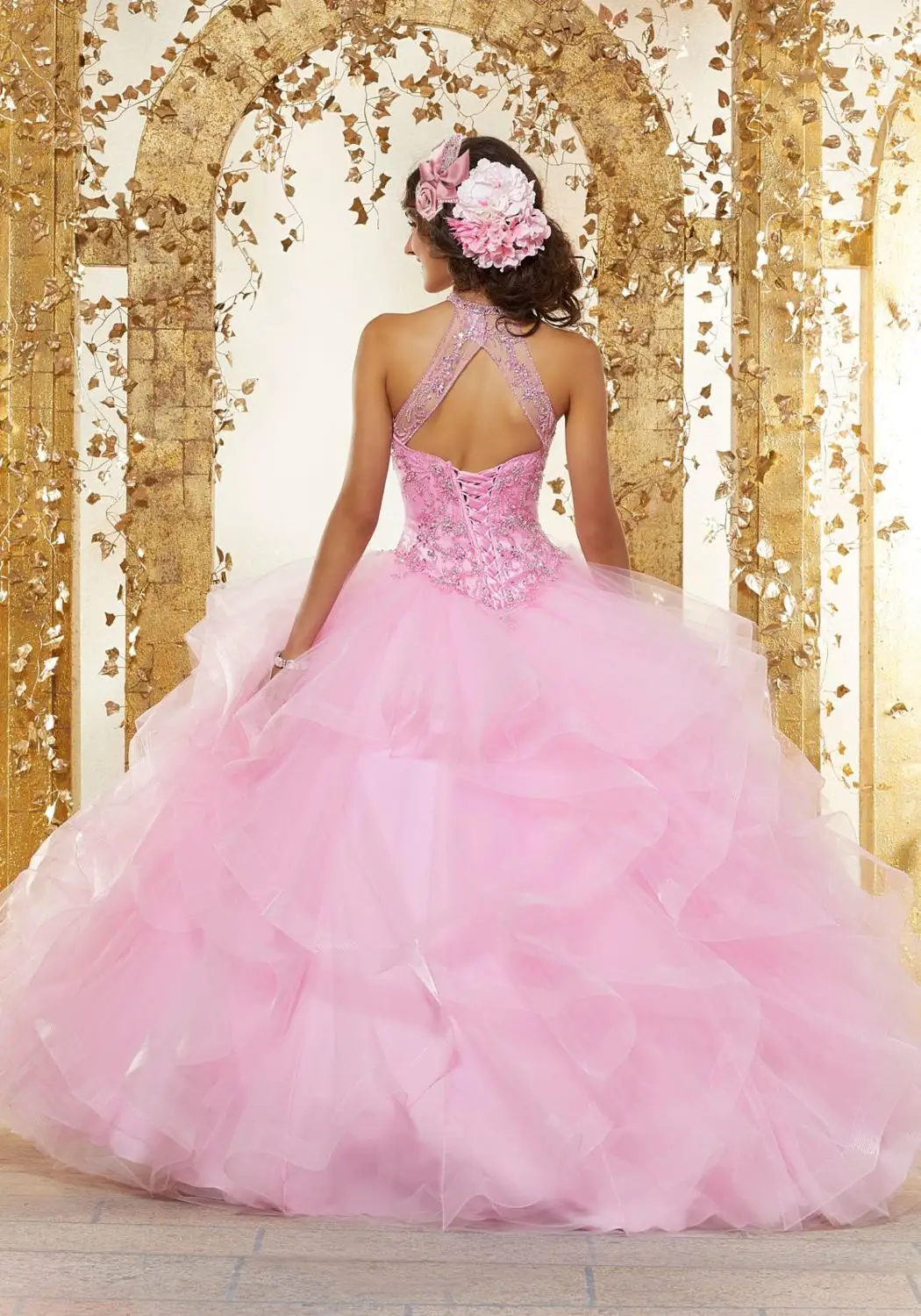 Rosa quinceanera vestido 2021 vestido de baile de luxo apliques beading baile formal vestido aberto volta babados organza