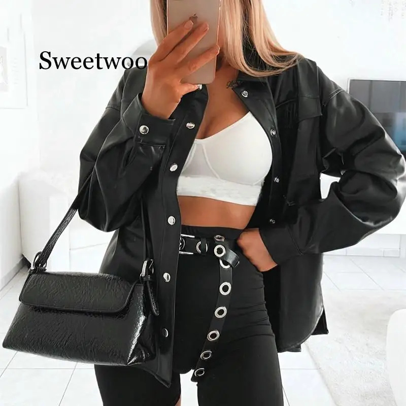 Streetwear Black PU Leather Blouse Women Cardigan Buttons Fashion Women\'s Shirt Top Long Sleeve Solid Leather Blouses