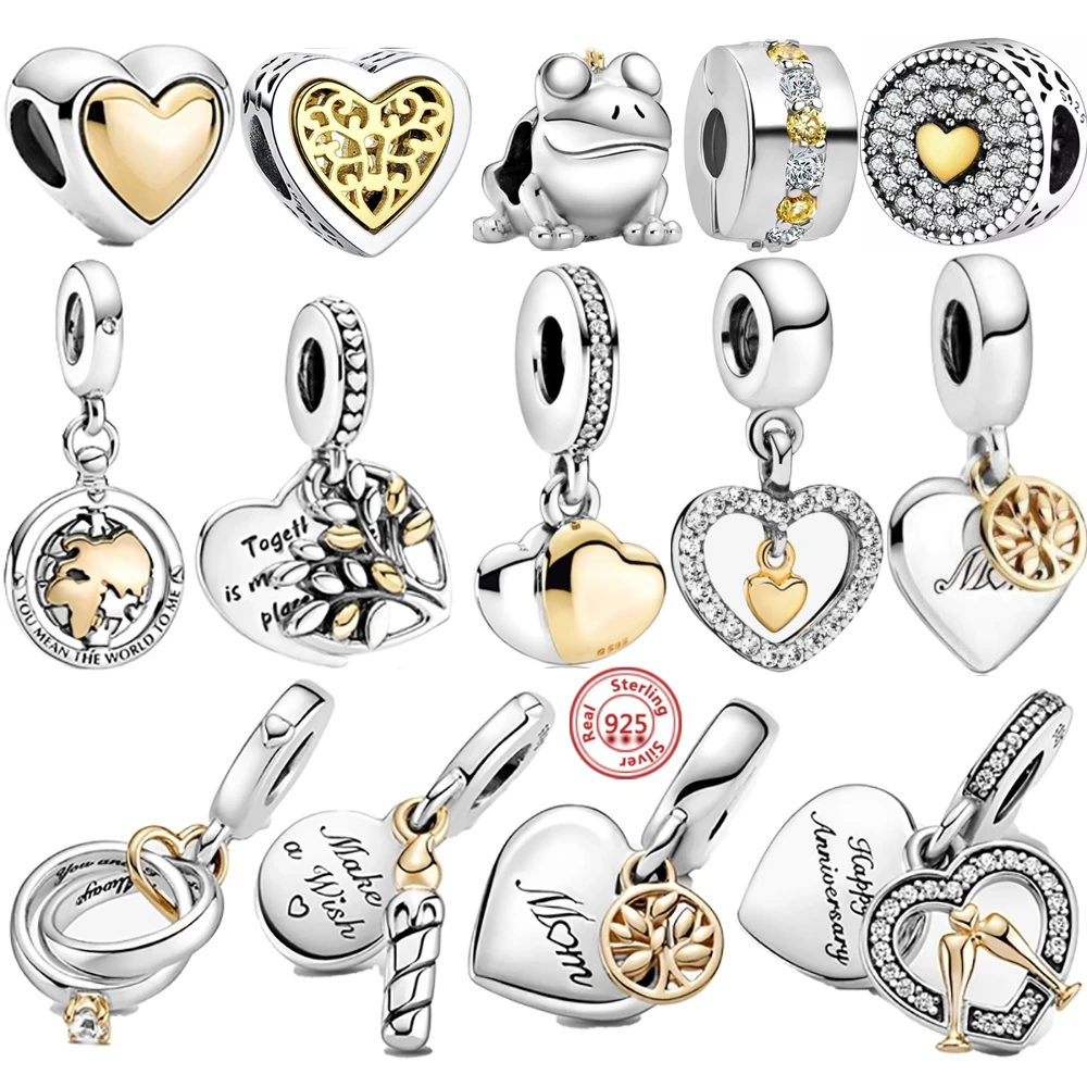 925 Sterling Silver Golden Heart-Shaped Birthday Candle Mom Tree Dangle Charm Beads Fit Original Pandora Bracelets Women Jewelry