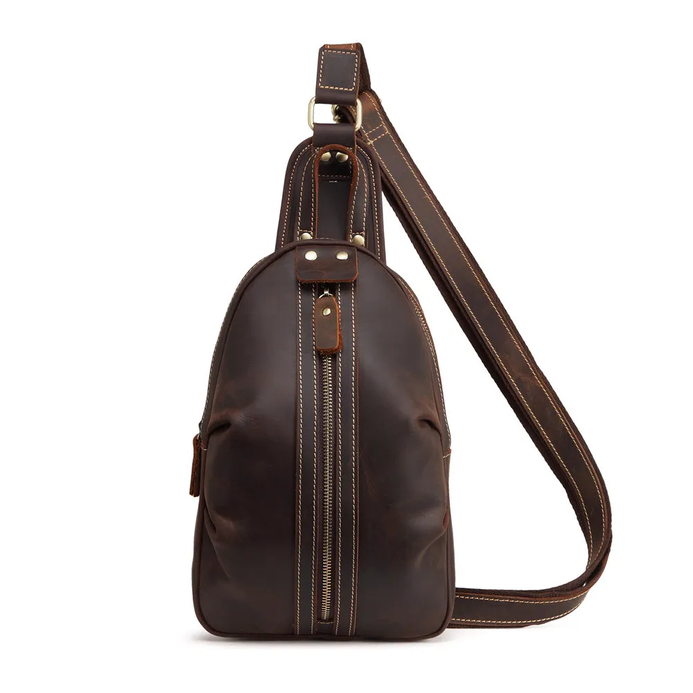 SF068 Mens Boys Messenger Shoulder Bag Sling Bag Chest Case Crossbody Bags Vintage Real Cow Leather Leisure Casual Brown Zipper