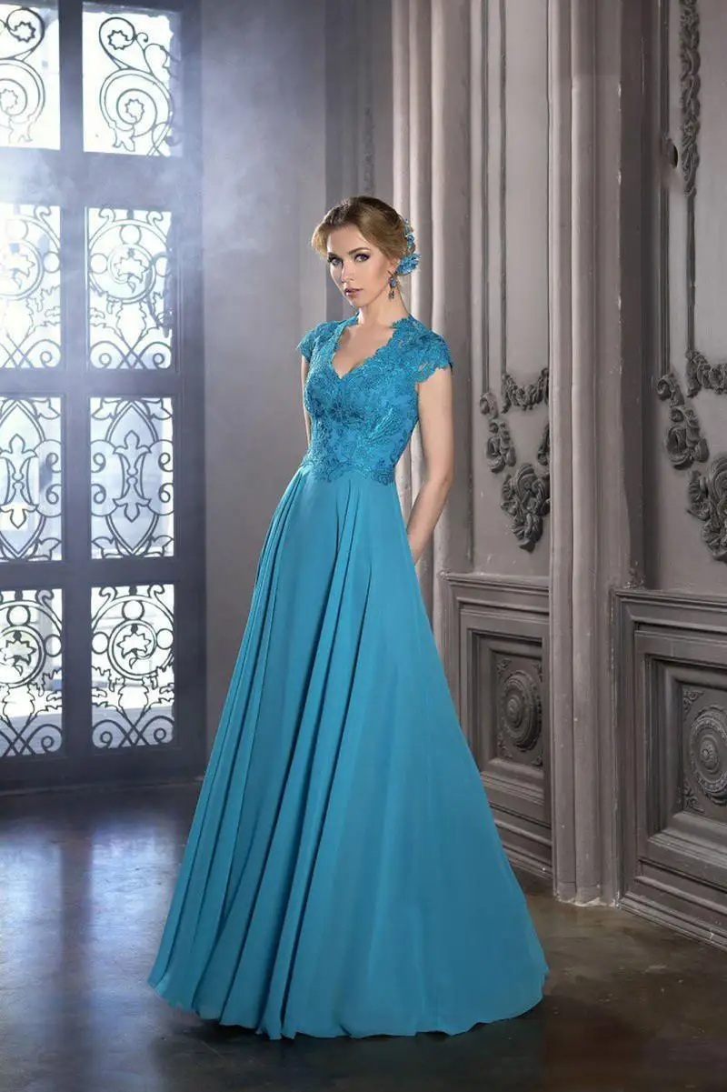 Lake Blue Mother of the Bride Dresses V-Neck Capped Sleeve Appliques Lace A-Line Wedding Guest Woman Evening Gowns Formal