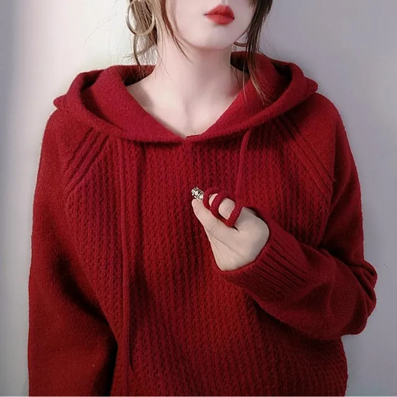 Fashion New Hooded Sweater Women Loose Pullover Long-Sleeve Tops Sweaters Female Spring Autumn Hoodie Red Wine Clothing