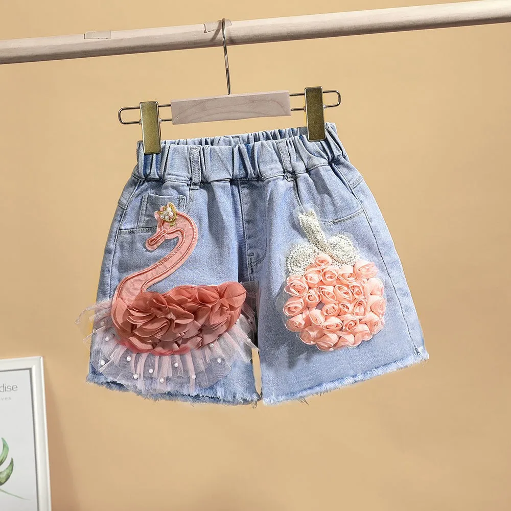 Pantalones cortos de mezclilla de algodón para niña, pantalones cortos de verano para niños pequeños, pantalones vaqueros suaves con flor de cisne lindo para niñas adolescentes, ropa para niños