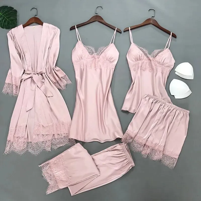 Sleepwear Women Satin Kimono Robe Gown Lace Intimate Lingerie V-Neck Sleep Set Strap Nightgown With Pads Nightwear Pajamas