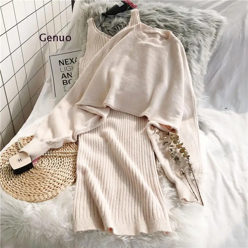 Winter New Two Pieces Knitted Women Sets Bat-Wing Sleeved Short Loose Pullovers and Knee-Length Dresses Suits Top Quality