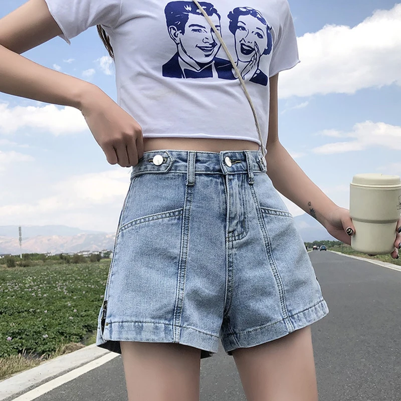 Short en jean blanc taille haute pour femme et fille, vêtement décontracté à jambes larges, à la mode, été