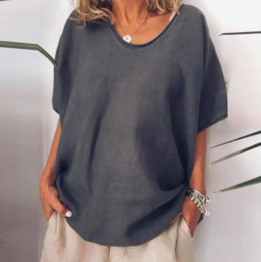 Plus Size Gray Linen Tops Solid Color Loose Casual Blusas Short Sleeve Round Neck Top Femme Women Summer Clothes S-5xl