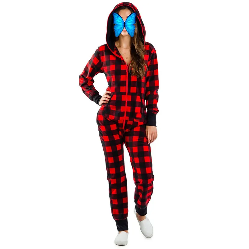 

Women Grid Snowflake Print Hooded Onesies Christmas Home Pajamas One Piece Adult Romper Nightwear Jumpsuit Sleepwear