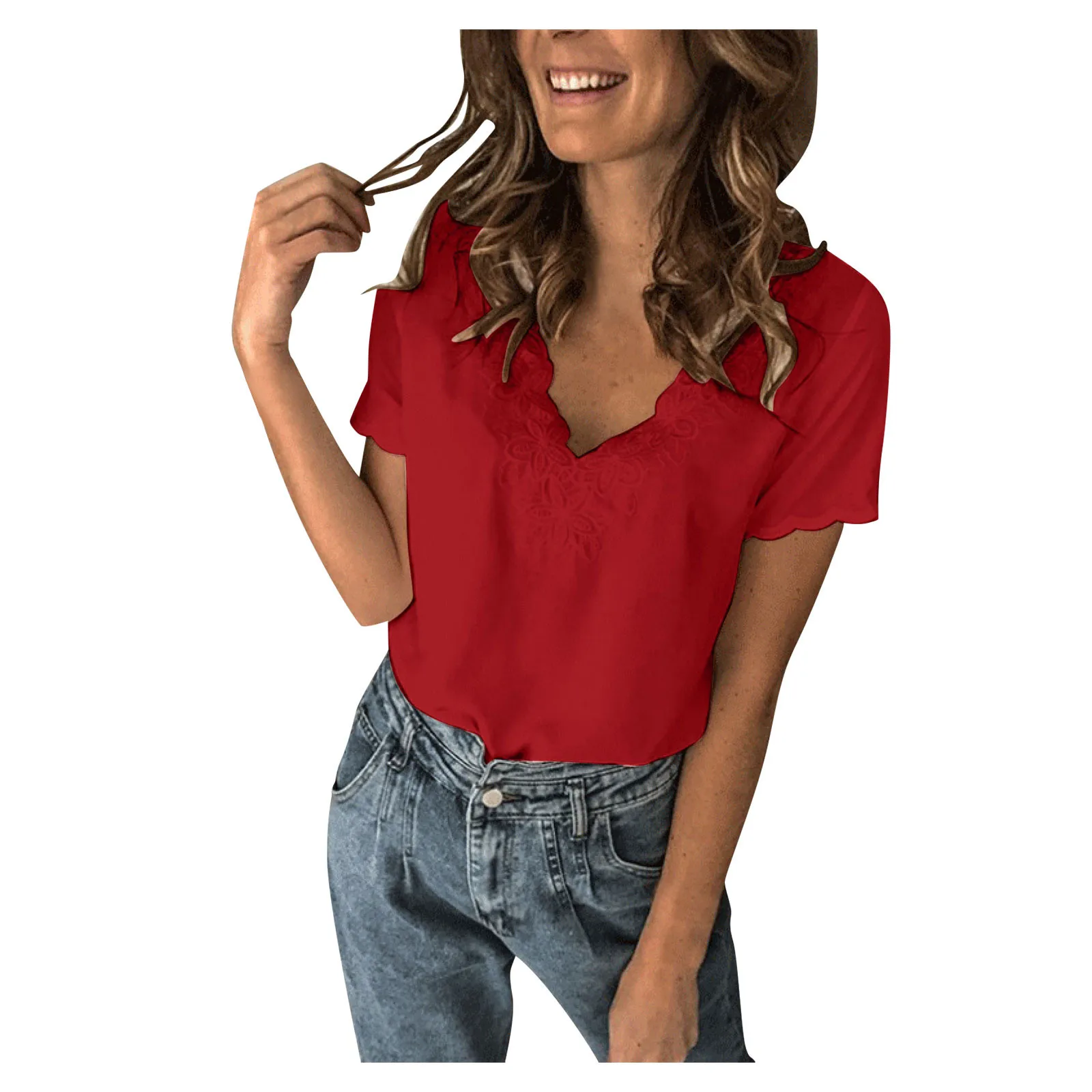 Fashion Blouse Summer Women V-neck  Lace Casual Loose Blouse Aesthetic Pure Color Short Sleeve Tops Blusas Femininas 2021 New