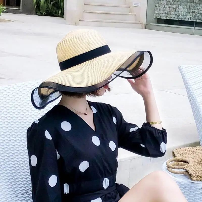 2021 New Sun Hats for Women Girls Wide Brim Floppy Straw Hat Summer Bohemia Beach Cap Ribbon Chapeau Black