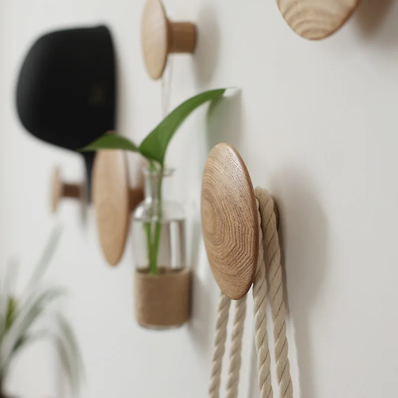 Wooden Round Shape Wall Hanging Hooks for Hat Towel Clothing Wood Hanger Punch Screw Install for Living Room Bedroom Decoration