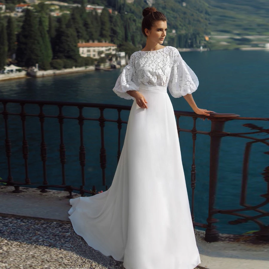 Abito da sposa collo alto pizzo/Chiffon bianco Puff mezze maniche abito da sposa Sweep Train vestidos novias boda