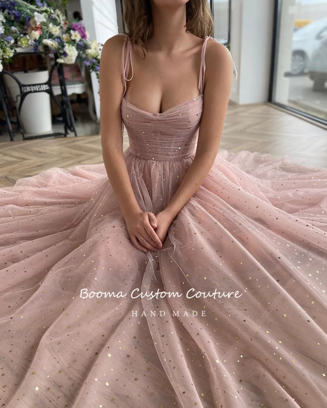 Sparkly Blush Prom Dresses 2023 Spaghetti Straps Pleated Tulle Short Evening Dresses Strapless A-Line Formal Gowns with Pockets