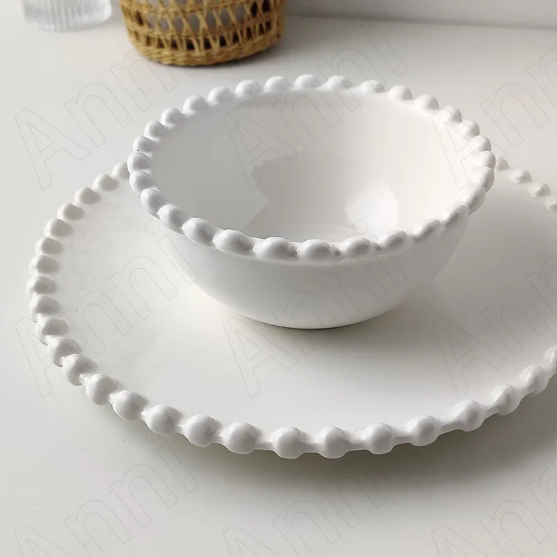 White Beaded Ceramic Plates and Bowls Nordic Modern Steak Pasta Dinner Plate Bowl Fruit Salad Bowl Household Kitchen Utensils