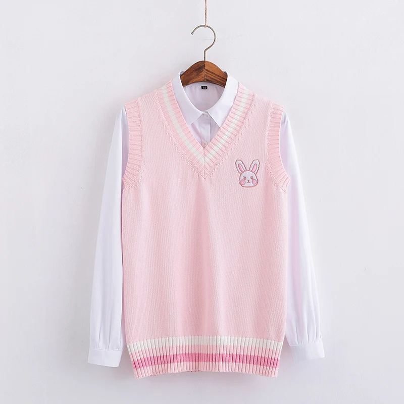 

Pink Small rabbit Embroidery pattern Sweater vest high school Japanese-style knitting pullover