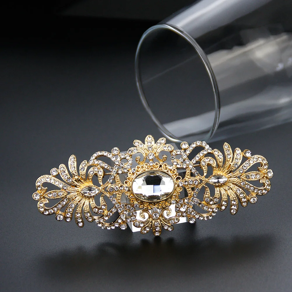 Sunspicems Gold Color Crystal Brooch Morocco Arabic Bridal Wedding Jewelry Flower Women Brooches Dubai Algeria Caftan Hijab Pins