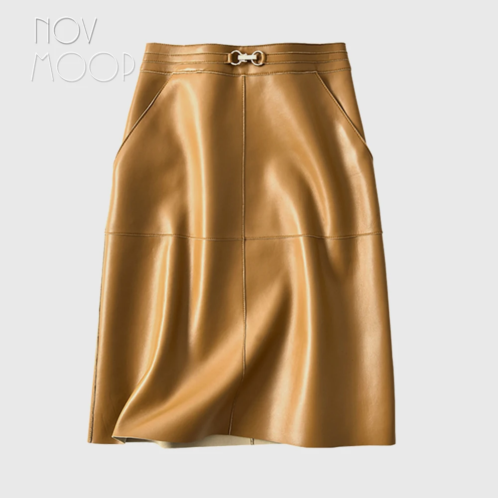 Novmoop office lady fashion style summer black yellow color sheepskin genuine leather skirt with metal buckle decor LT3044