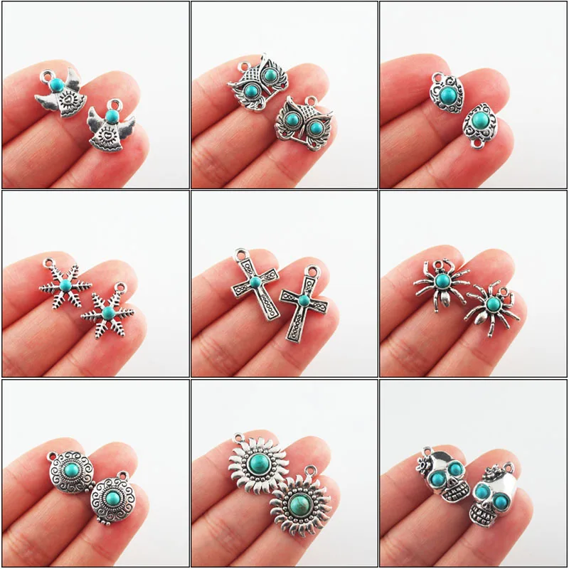 Fashion New Turquoise Stone Charms Angel Owl Animal Spider Snowflower Skull Tibetan Silver Plated Pendants Retro HCJBAB