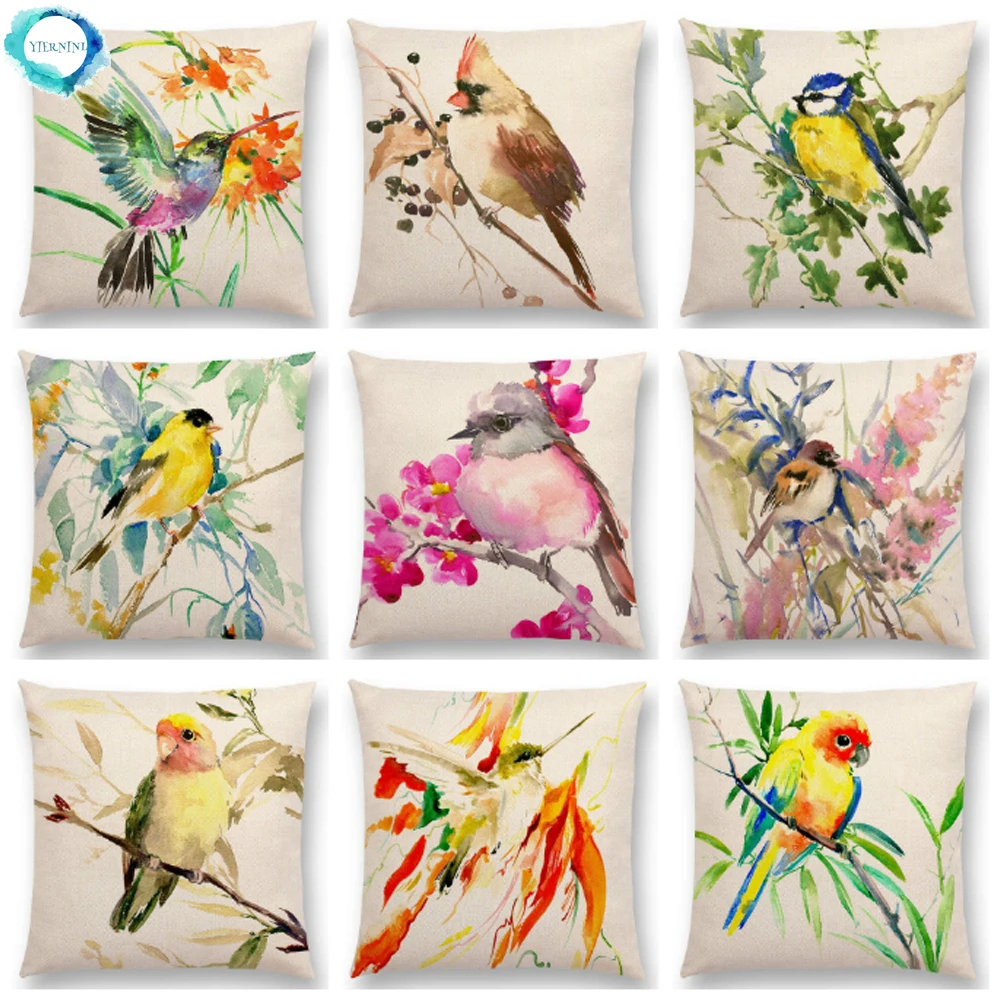 Watercolor Birds Decorative Cotton Linen Cushion Cover Hummingbird Goldfinch Chickadee Cardinal Kingfisher Sofa Pillow Case