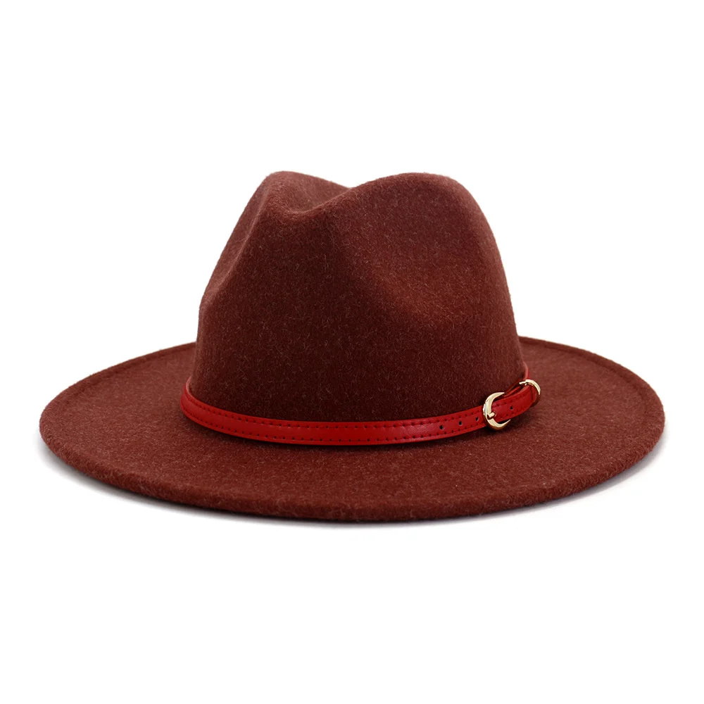 

Red Belt Wool Felt Jazz Fedora Hat Women Unisex Wide Brim Panama Party Trilby Cowboy Cap Men Gentleman Wedding Hat