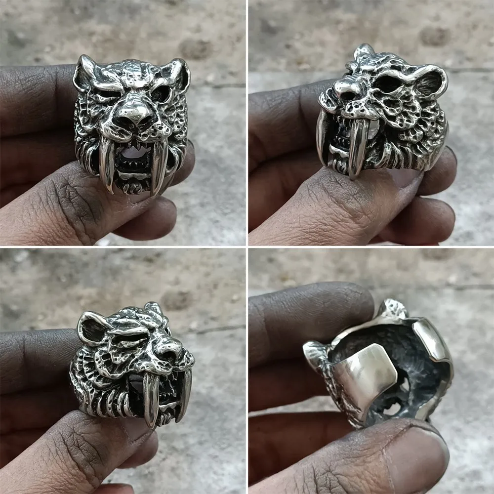 

Cupronickel Blue CZ Eye Sabretooth Ring Mens Biker Tiger Ring Punk Jewelry CP16 US Size 7~15