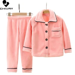 New 2020 Kids Boys Girls Autumn Winter Warm Flannel Pajama Sets Solid Long Sleeve Lapel Tops with Pants Sleeping Clothing Sets