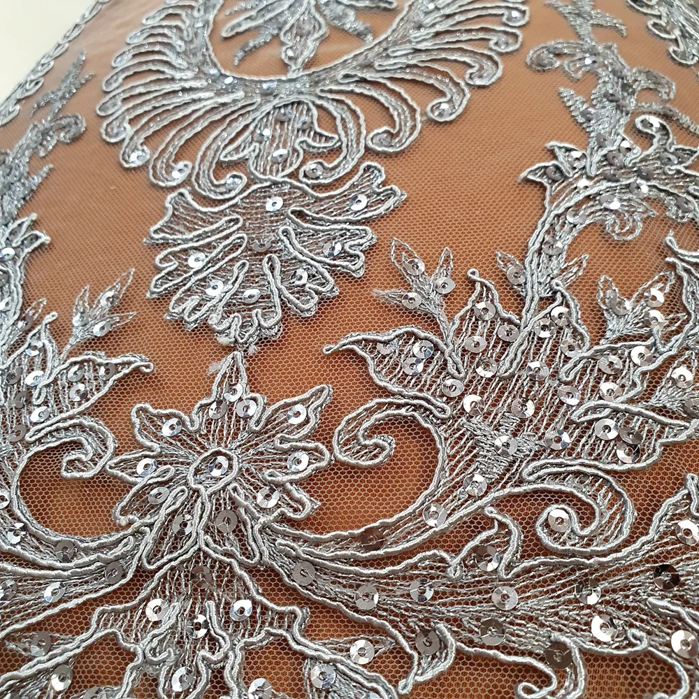 Gray High-rated Sequins Lace Trim Embroidery 126cm Width French Applique French For Evening Wedding Decoraion Design Accessories