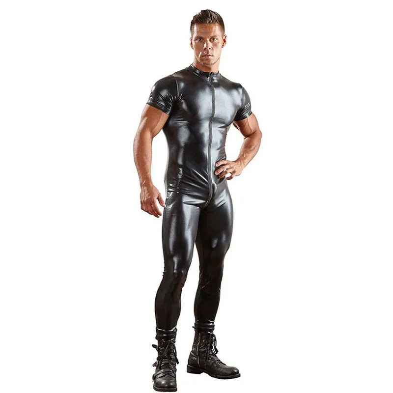 New Latex Catsuit Faux Leather Man Jumpsuits Black Stretch Mesh Bodysuits Sexy Clubwear Men Open Crotch Vinyl Lingerie