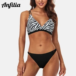 Anfilia Women Bikini Set Swimsuits Sexy V Neck High Cut Bathing Suits  Double Shoulder StrapsTie Back 2 Pieces Swimwear