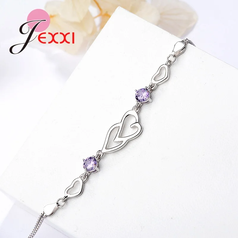 New Fashion Shiny CZ Bracelets For Girls 925 Sterling Silver Hearts Pendant Bracelet Bangles Adjustable Size Women Hand Chain