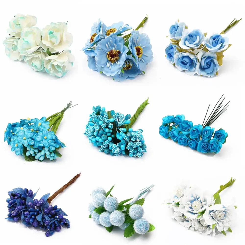 2020 Artificial Blue Flower Bouquet Cherry Branch Stamen Berries Bundle DIY Christmas Wedding Cake Gift Box Wreaths Party Decor