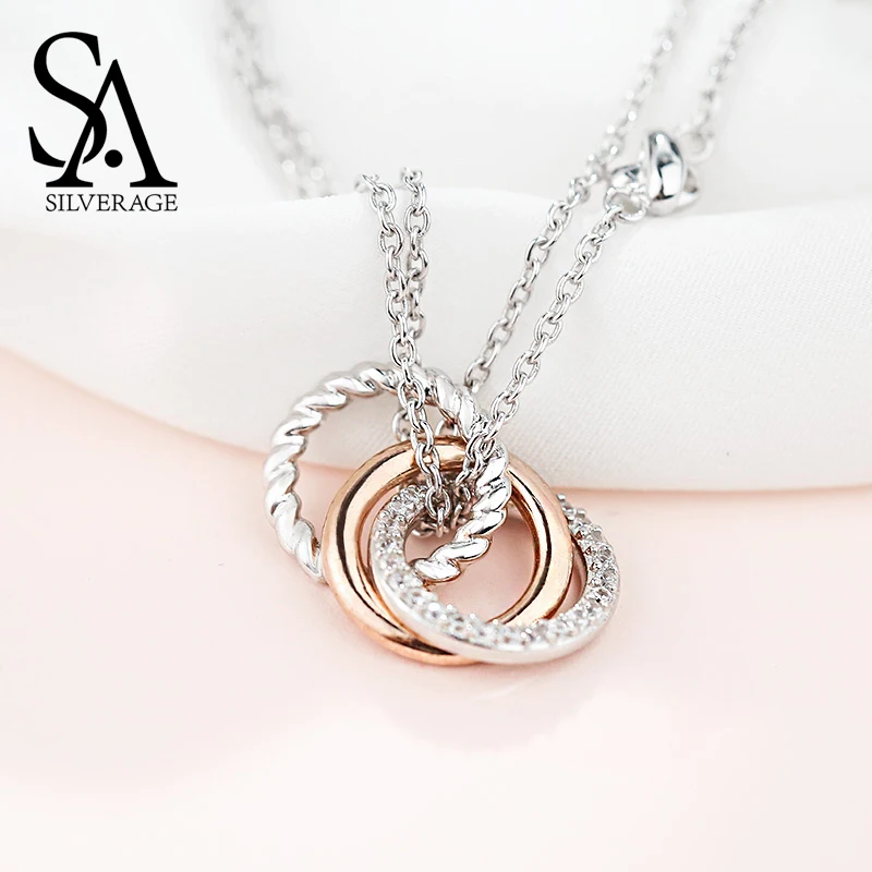 

SA SILVERAGE 925 Sterling Silver Long Necklaces Pendants for Women Rose Gold Color Fine Jewelry 925 Silver Maxi Chokers Necklace