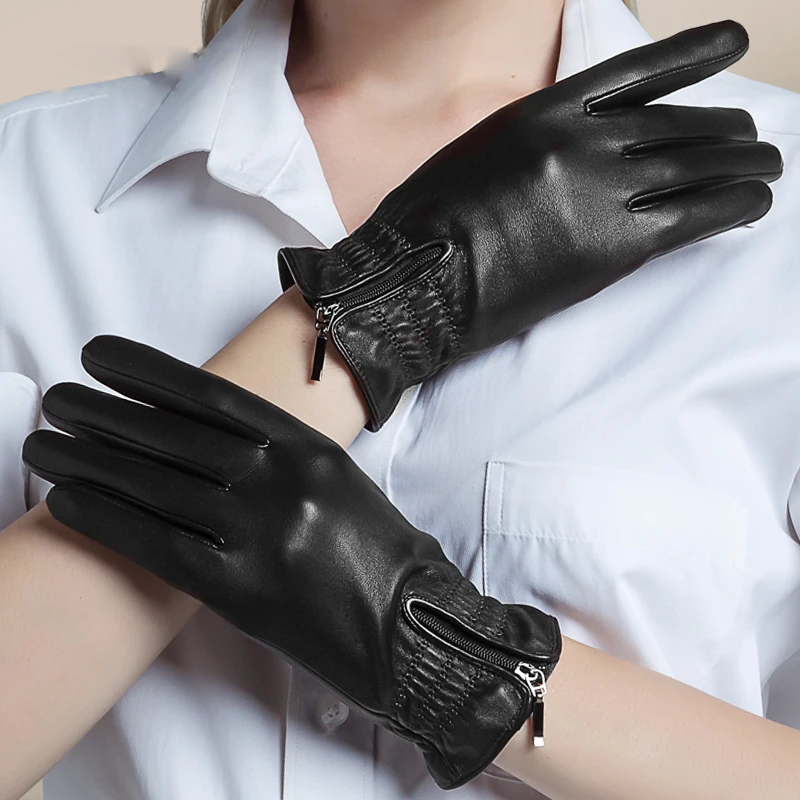 Real Leather Gloves Female Fashion Black Zipper Driving High Quality Sheepskin Women Gloves Keep Warm 5711