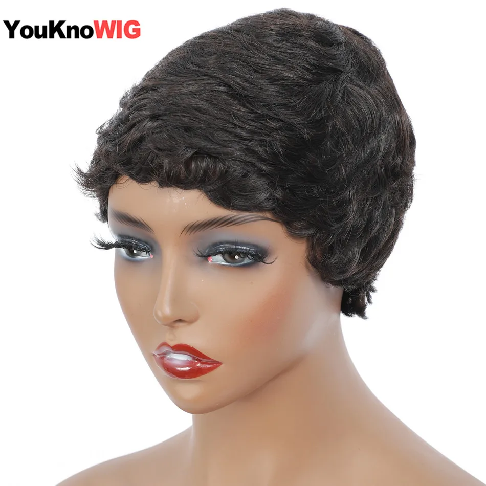 Afro Curly Short Wigs 100% Brazilian Human Hair Pixie Cut Wig for Black Women Machine Made Wig With Bangs African Cheap Glueless